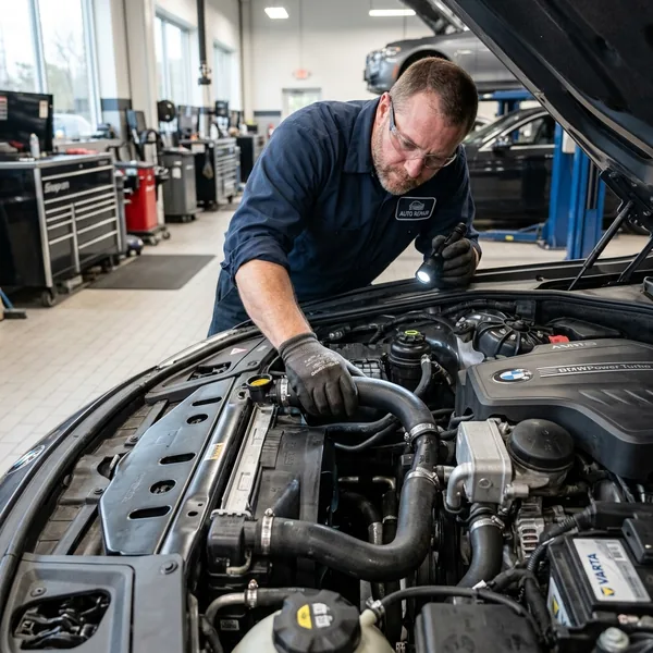 Mecânico com lanterna inspecionando o vão do motor