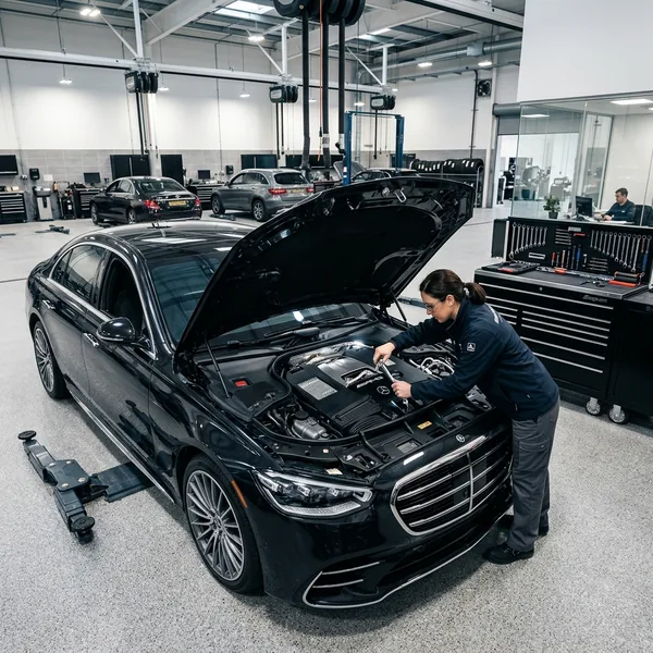 Mecânica trabalhando no vão do motor de um sedã preto
