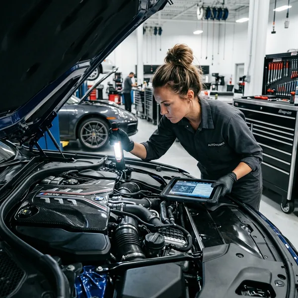 Mecânica fazendo diagnóstico com tablet no vão do motor